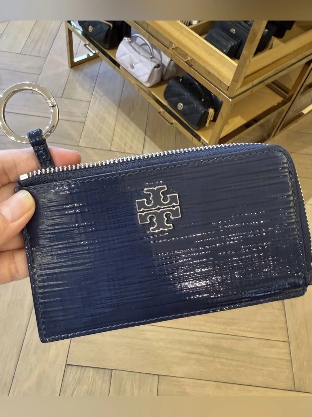Tory Burch Britten Textured Patent Zip Card Case Navy (MSRP $